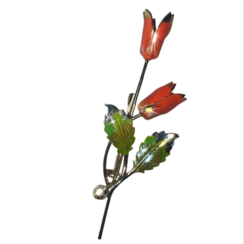 Orange Enamel Long Stem Floral Brooch w/ Green Leaves